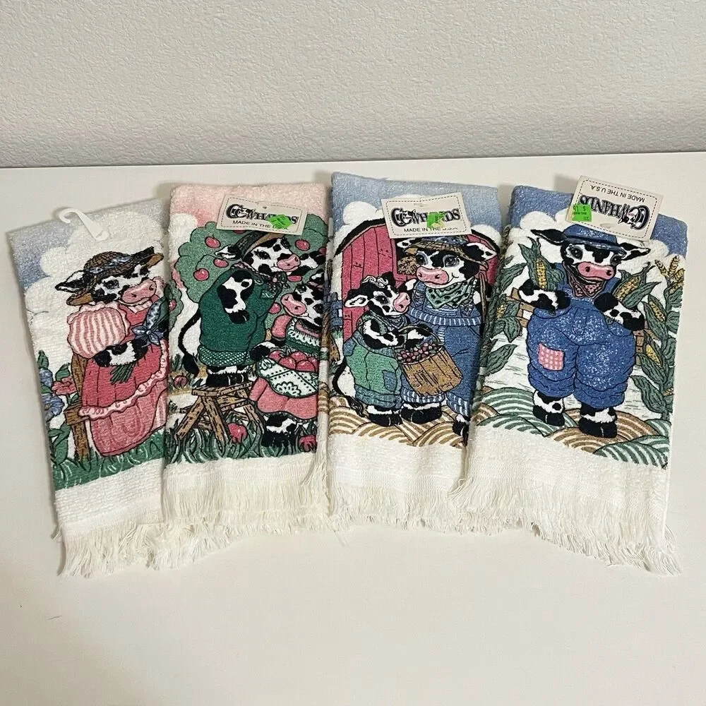 Vintage Cannon Cowhands Cow Kitchen Hand Dish Towels Set of 4 USA
